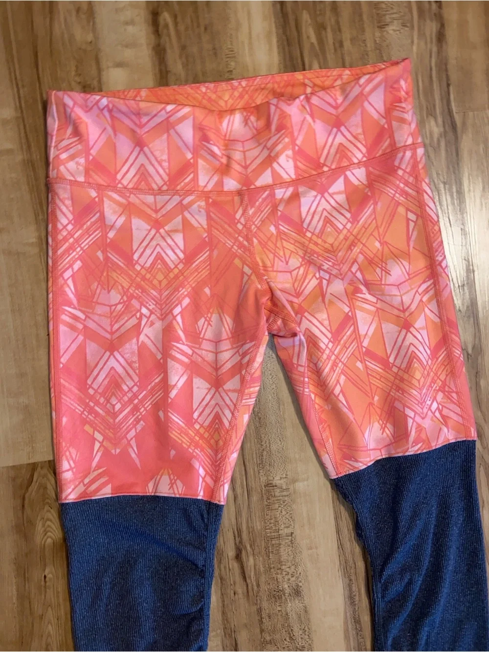 ALO Goddess Ribbed Coral Pattern and Gray Colorblock Leggings